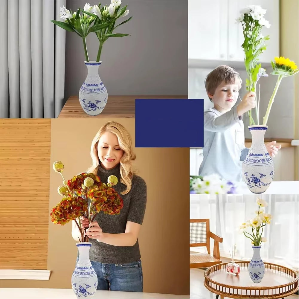 3D Puzzle Vase Blue and White Porcelain Design Made Plastic Home Decoration and Flower Arrangement Housewarming Kids Toys Gifts