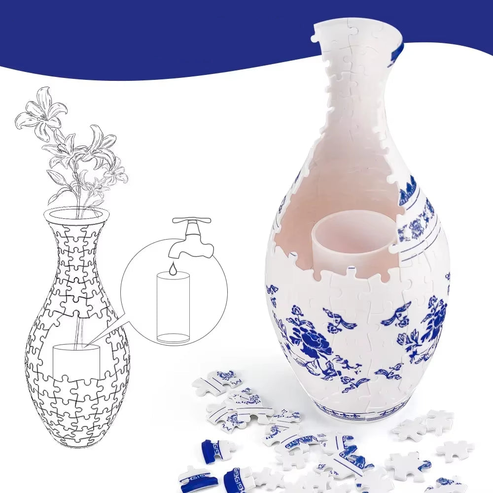 3D Puzzle Vase Blue and White Porcelain Design Made Plastic Home Decoration and Flower Arrangement Housewarming Kids Toys Gifts
